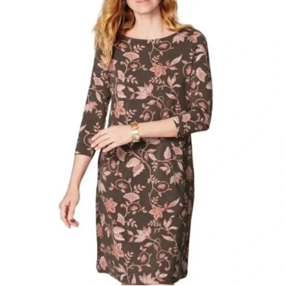 J.Jill 3/4 Sleeve Stretch Knit Dress in Brown & Pink Floral | Size Medium - Picture 2 of 12
